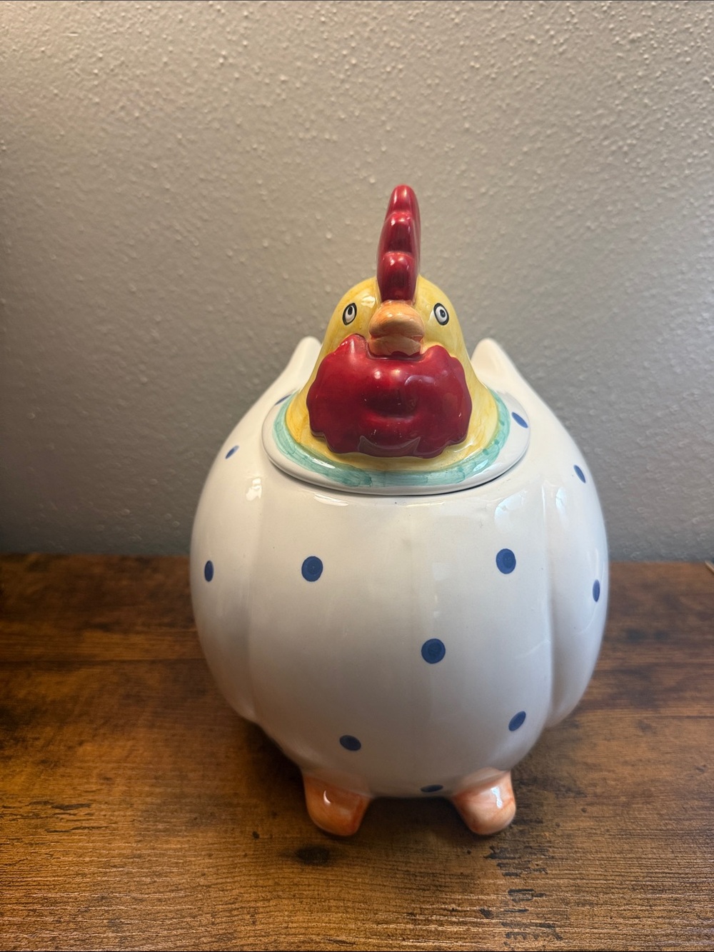 Coco Dowley Ceramic Chicken Cookie Jar Canister Blue Polka dots Kitchen Storage